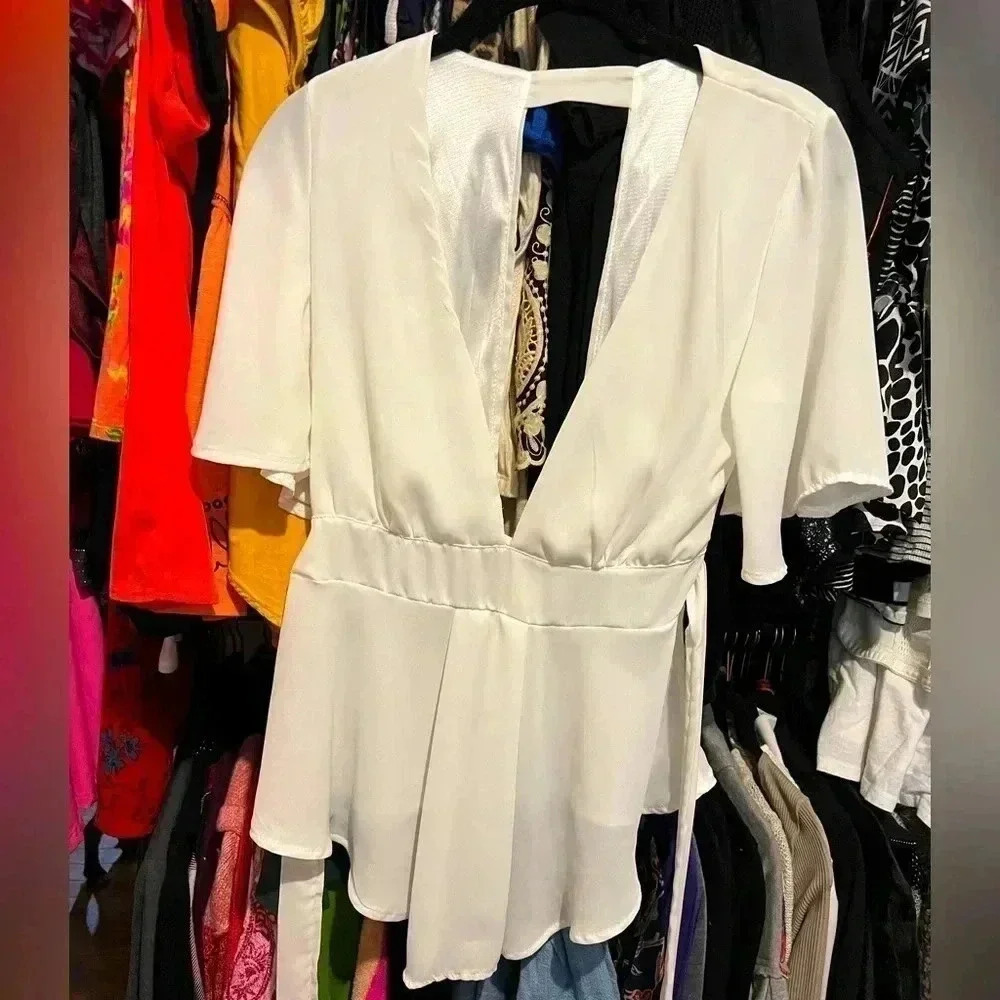 White Deep Plunge Dressy Top Peplum Chiffon Satin